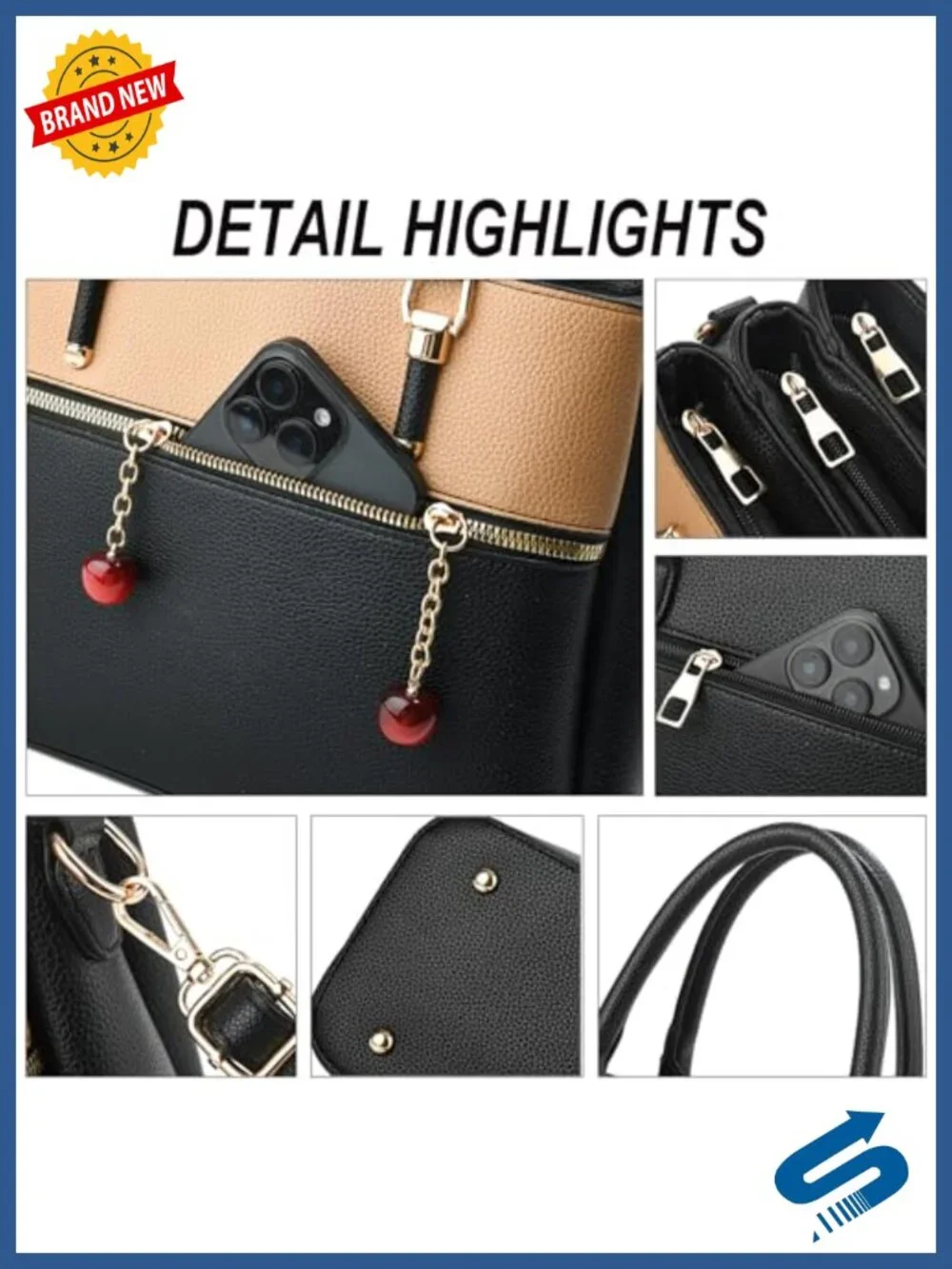 Faux Leather Satchel Handbag with 3 Zip Compartments - Tote Crossbody